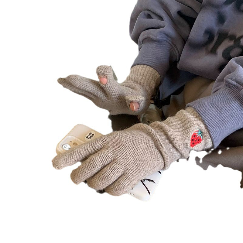 Wholesale Autumn Long Wrist Strawberry Cold and Warm Touch Screen Solid Color Knitted Gloves