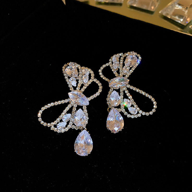 Wholesale Zircon Hollow Bow Teardrop Earrings Necklace Set