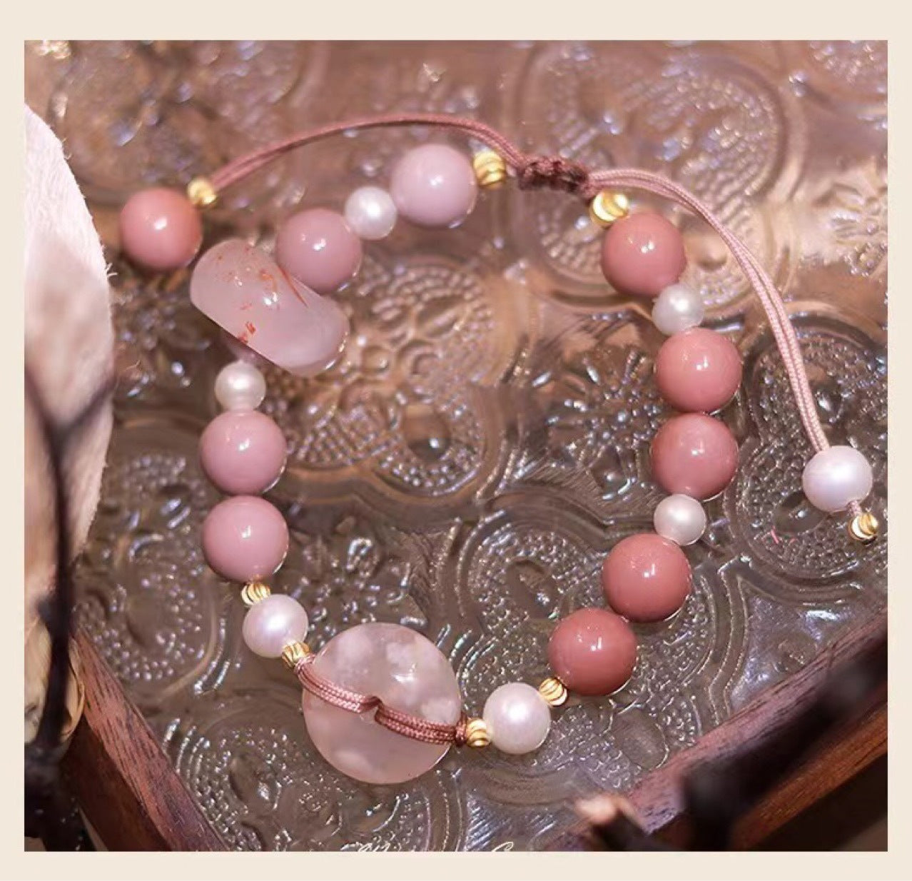 Wholesale Agate Separator Bead Pearl Drawstring Pink Bracelet