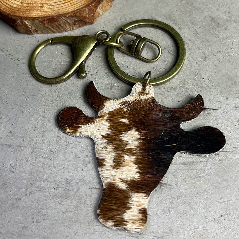Wholesale 2pcs/pack Ethnic Style Western Leopard Cow Head Leather Keychain