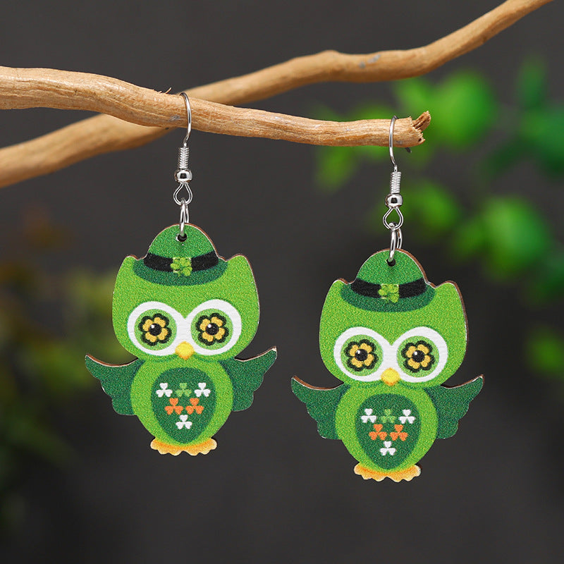 Wholesale Patrick's Day Four Leaf Clover Heart Owl Wooden Earrings