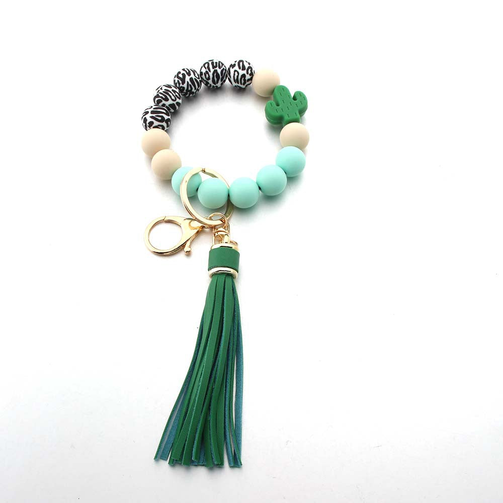 Wholesale Leopard Cactus Handmade Tassel Silicone Bead Wrist Keychain