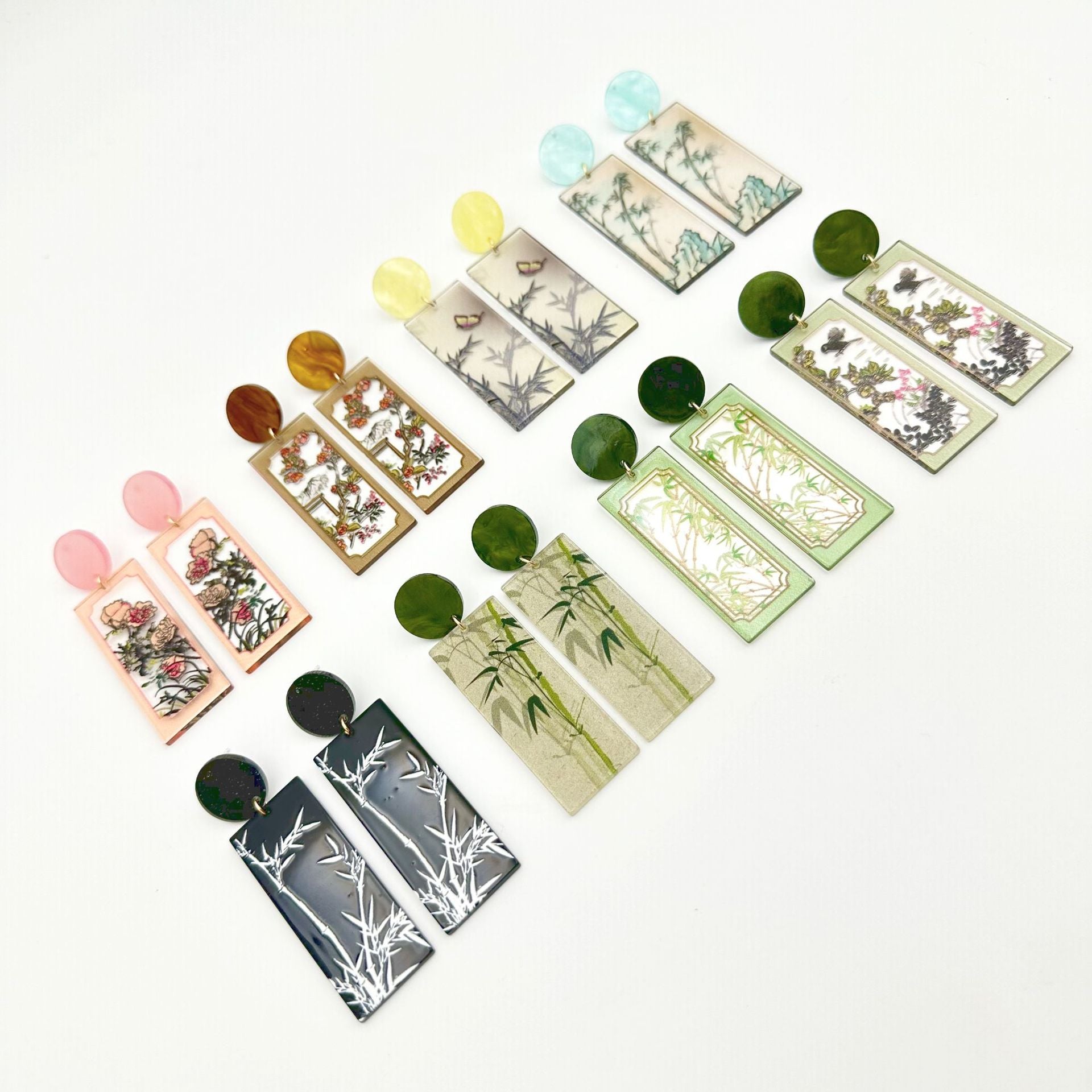 Wholesale Chinese Style Bamboo Flower Standing Print Acrylic Earrings