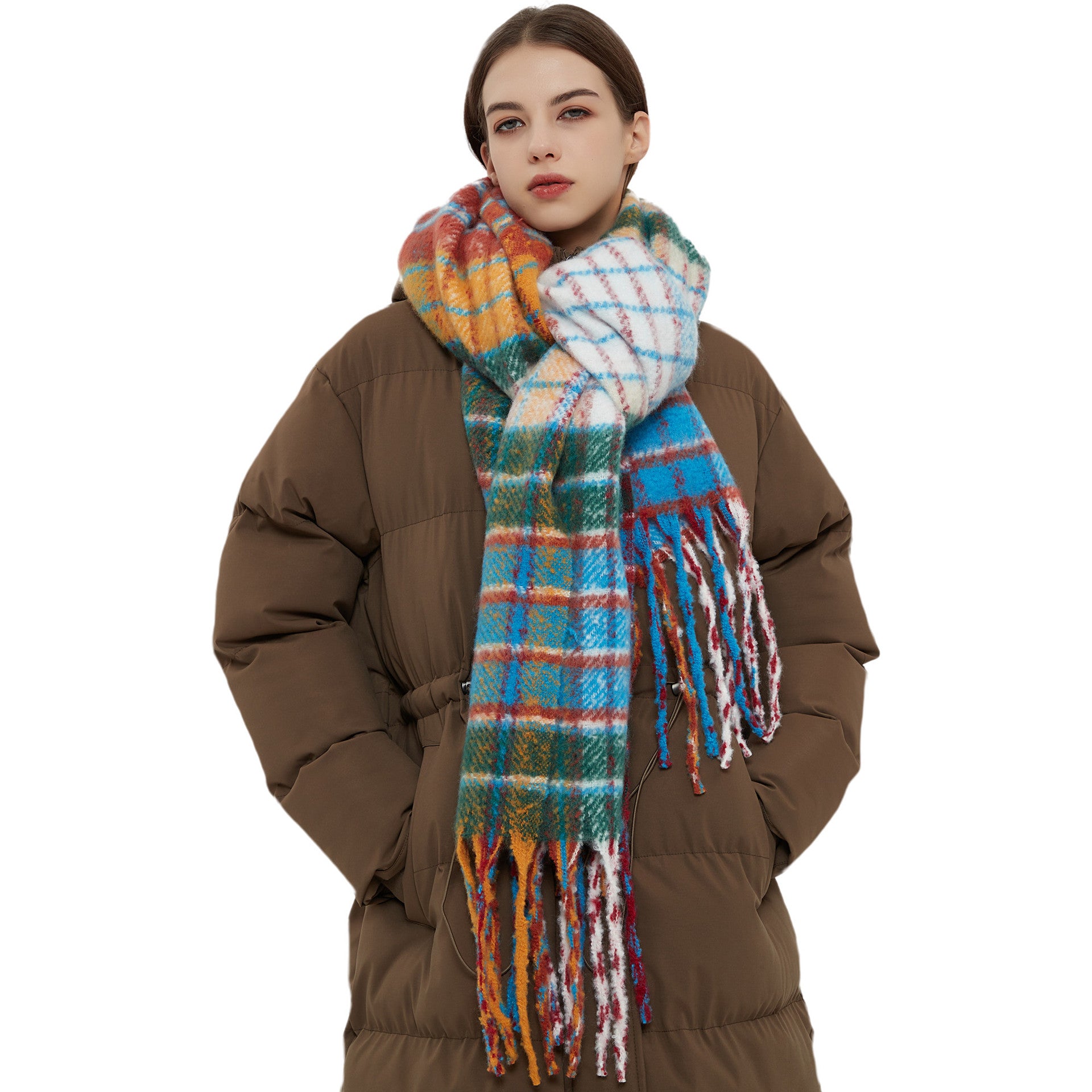 Wholesale Autumn and Winter Thickened and Warm Imitation Mohair Rainbow Plaid Scarf