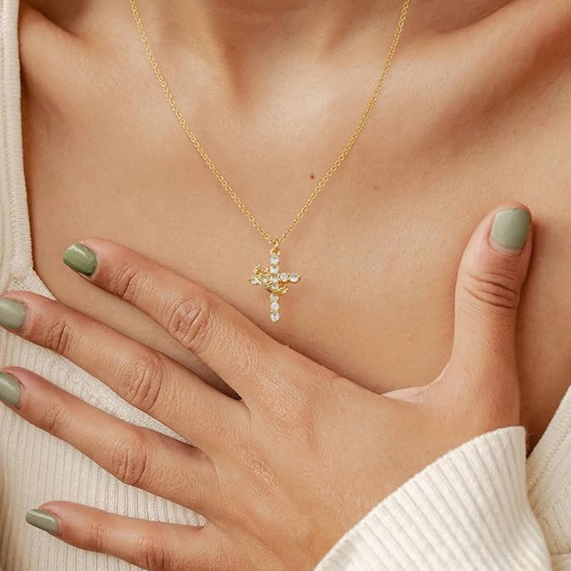 Wholesale Full Diamond Rotating Crown Cross Pendant Necklace