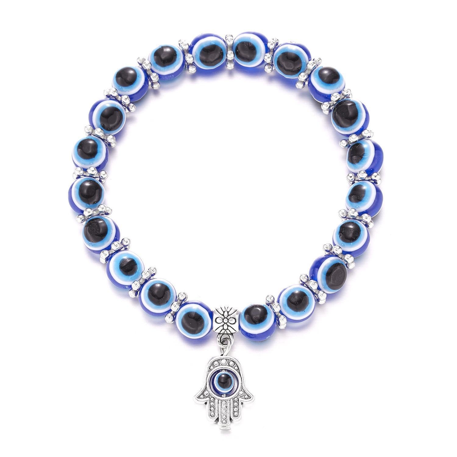 Wholesale alloy palm hollow blue eyes beaded pendant elastic bracelet Charms