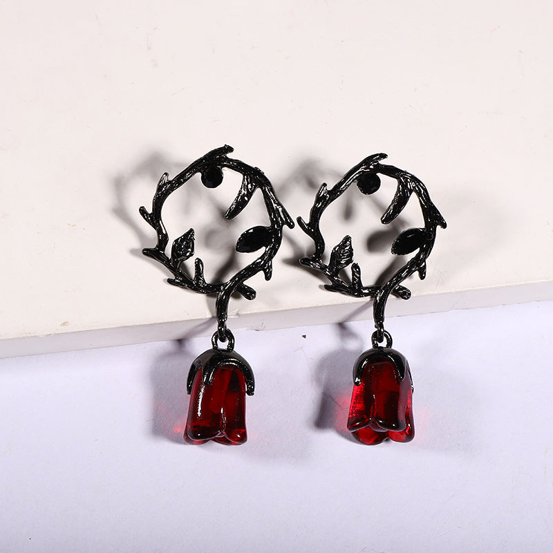 Wholesale Halloween Dark Style Thorn Vine Red Rose Flower Earrings