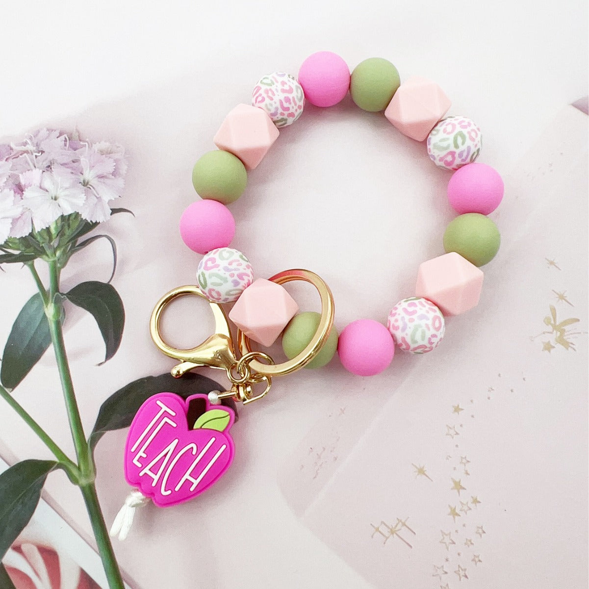 Wholesale Teachers'  Day Apple TEACH Silicone Color Silicone Beads Keychain