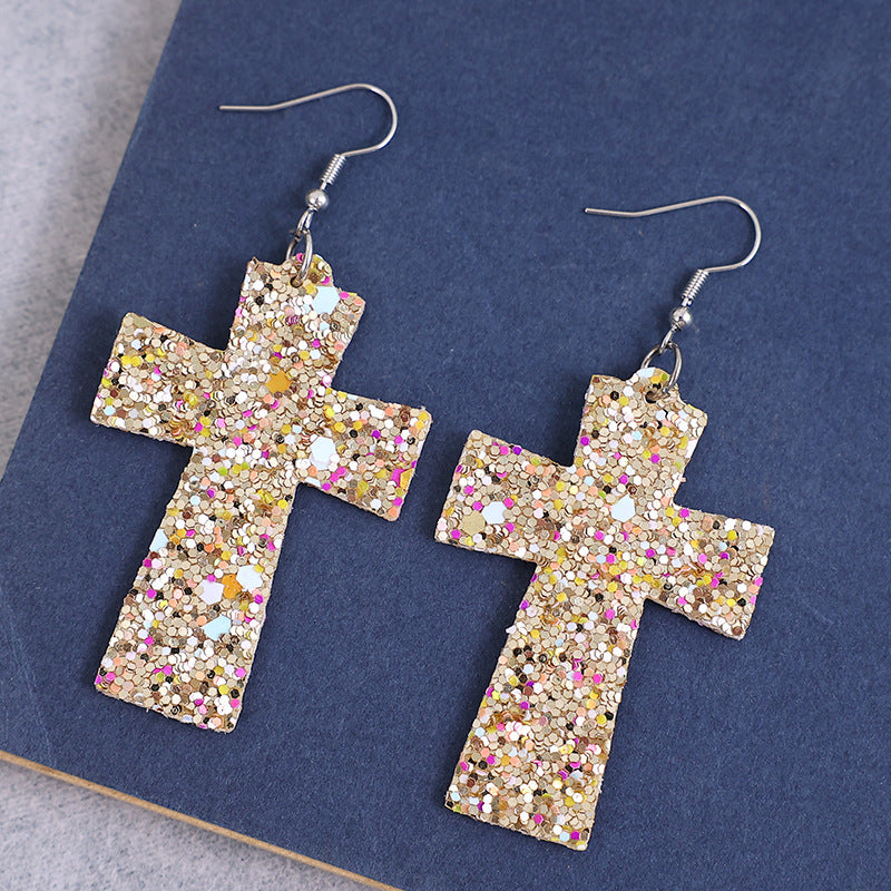 Wholesale Sequin Cross Leather Earrings
