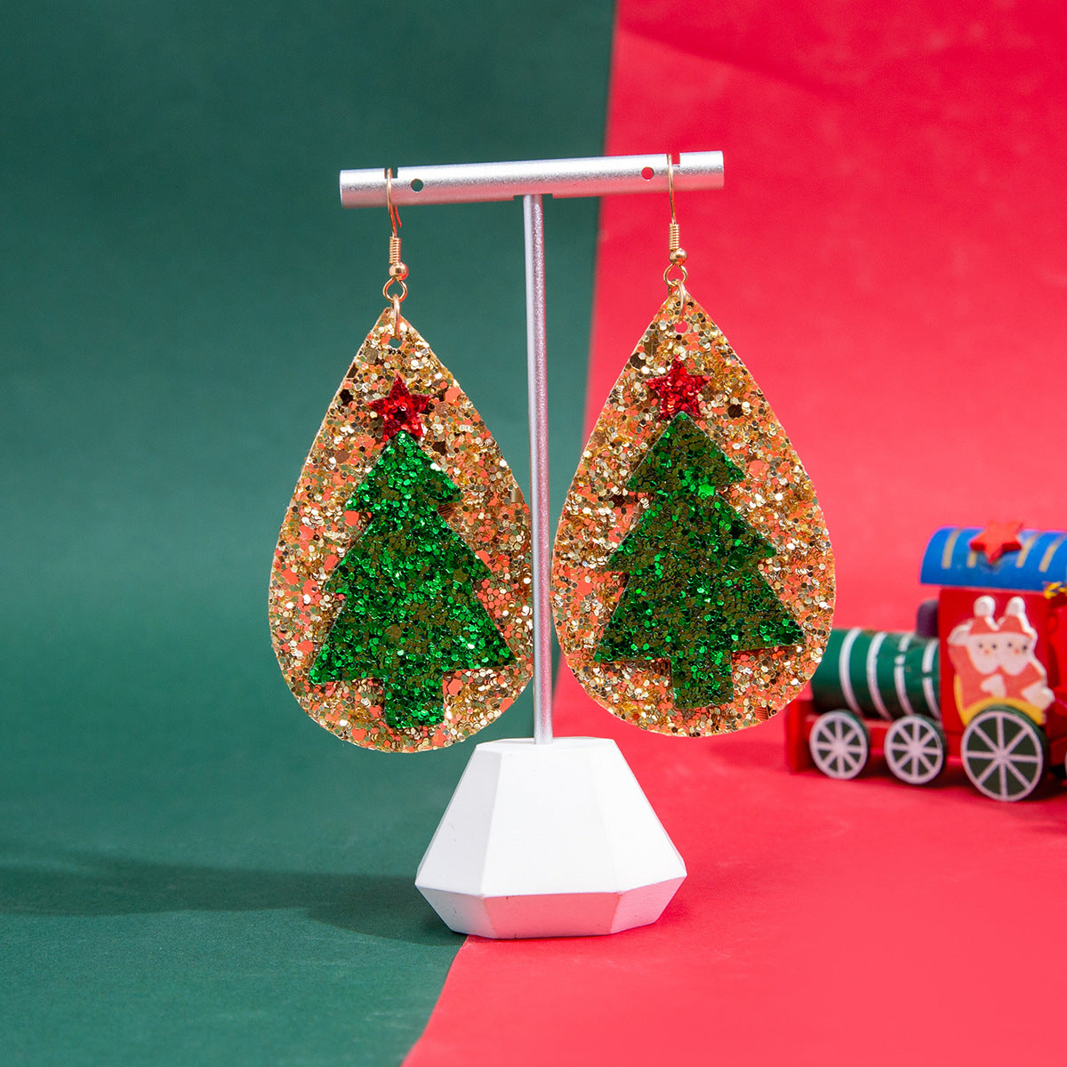Wholesale Glitter Leather Christmas Tree Star Earrings