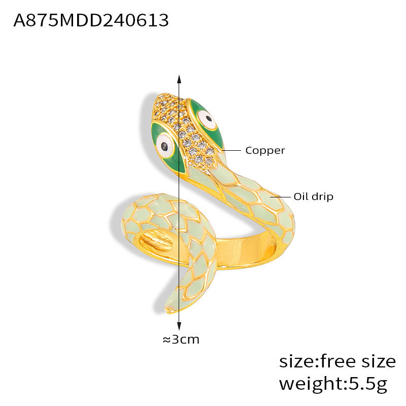 Wholesale  New All-match Color Oil Dripping Ins Wind Finger Ring Copper Gold Plated Diamond Three-dimensional Snake-shaped Winding Open Ring