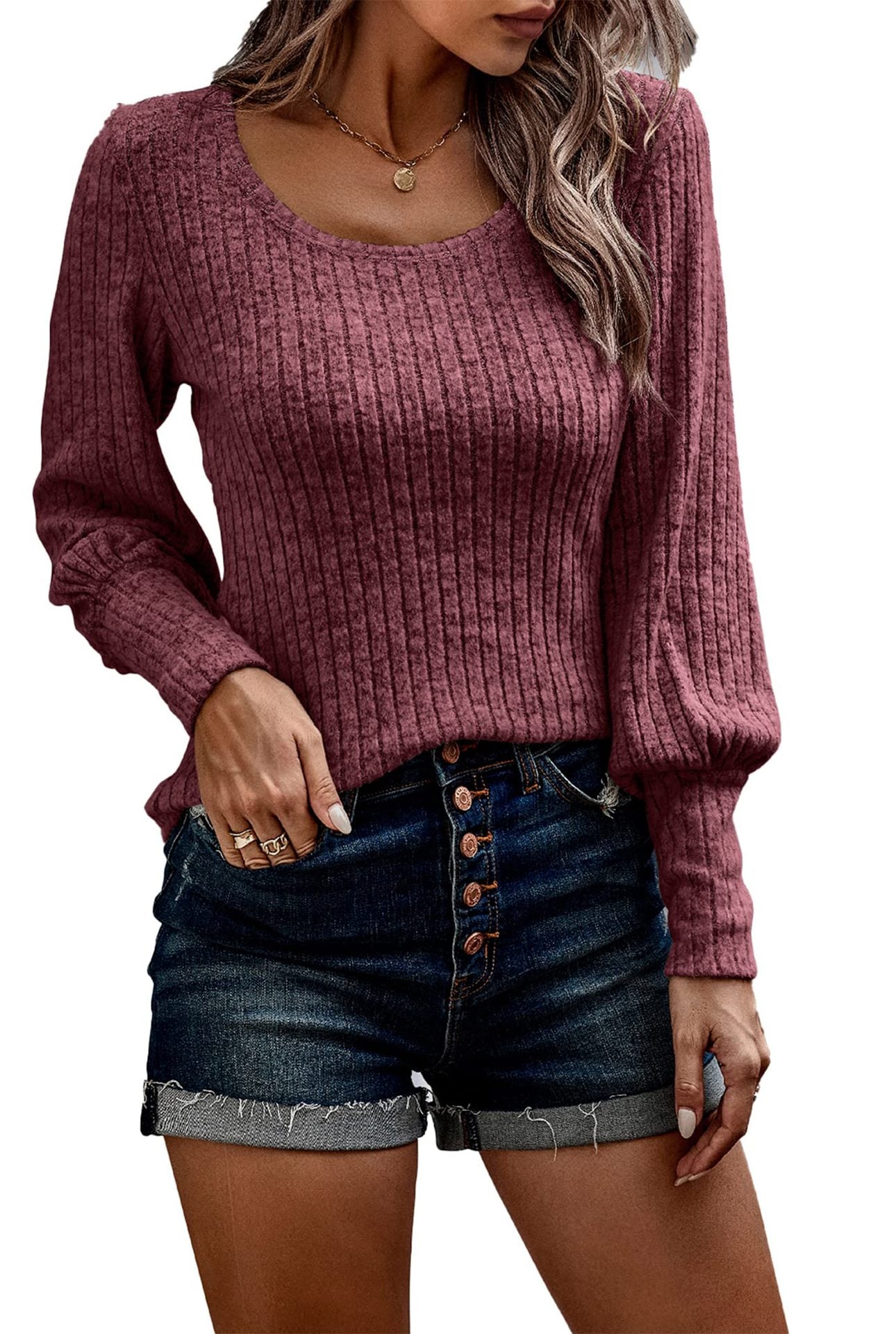 Wholesale Rayon Polyester European and American Women's Round Neck Slim Lantern Sleeve Long Sleeve Top