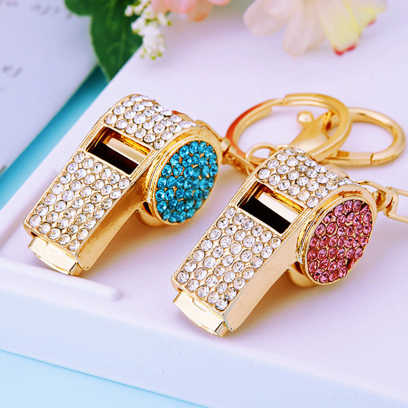 Wholesale Trendy Pink Metal Whistle Keychain With Leather Rope Rhinestone Chic Car Key Accessory Gift For Referee Boutique Resale