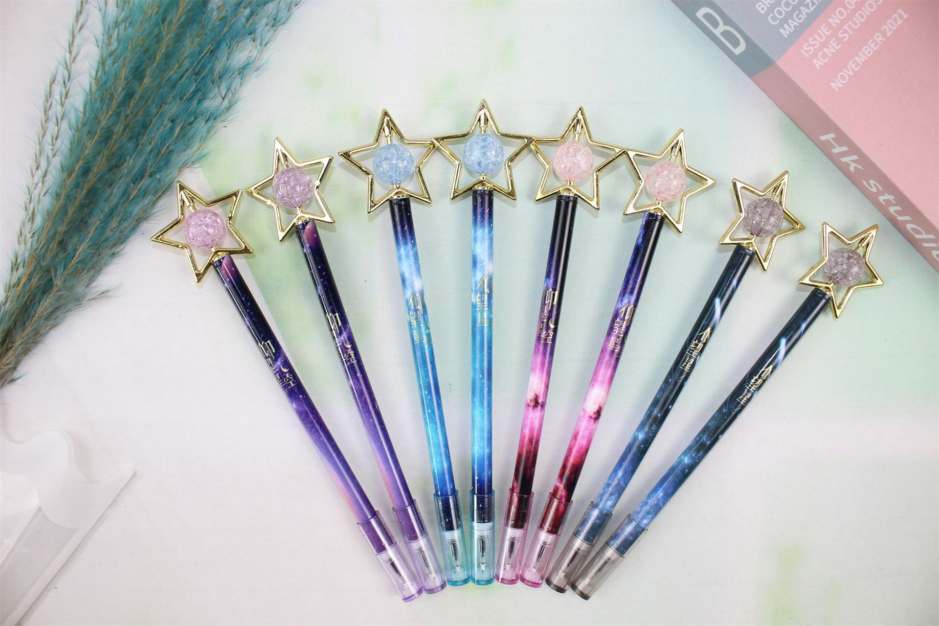 Wholesale 12PCS Creative Five-pointed Star Electroplated Rotatable Beads Plastic Gel Pen