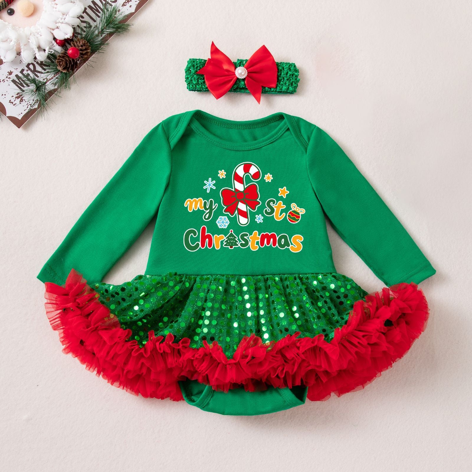Wholesale Red Long Sleeve Sequin Tulle Baby Girl Christmas Dress Set With Hairband Leg Warmers Boutique Holiday Outfit