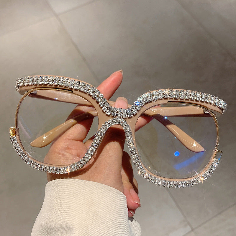 Wholesale Owl Large Frame Plain Mirror Double Row Diamond Frame Glasses