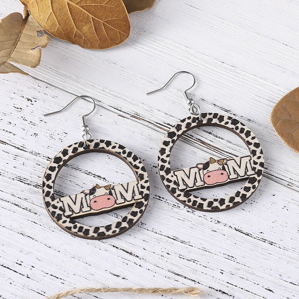 Wholesale Cute Cream Style MOM Letter Cow Pattern Cow Double-sided Wooden Earrings