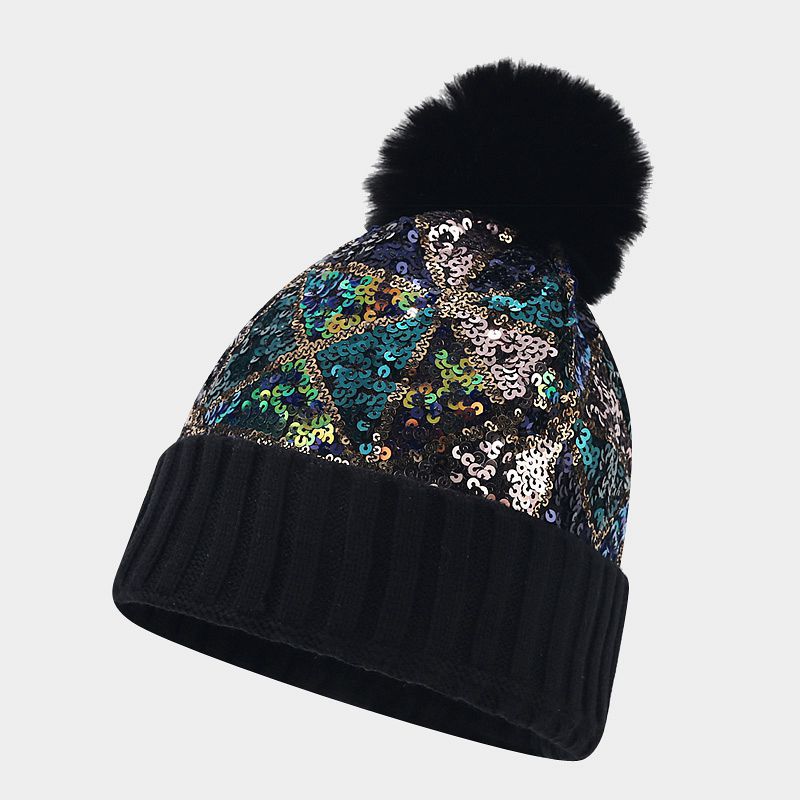Wholesale Winter Thickened Warm Fur Ball Beanie Colorful Sequined Knitted Hat