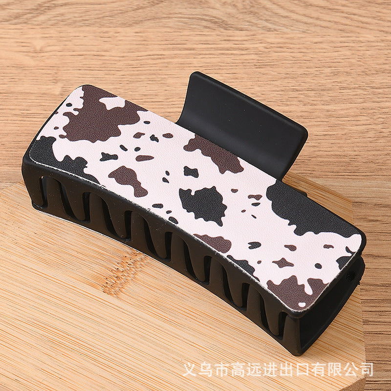 Wholesale Trendy PU Leather Square Shark Clip Hair Claw White Leopard Print Fashion Accessory Boutique Resale
