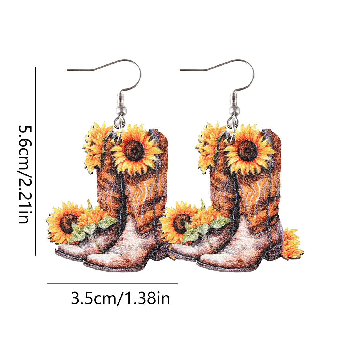 Wholesale Western style sunflower cowboy boots wooden double-sided earrings