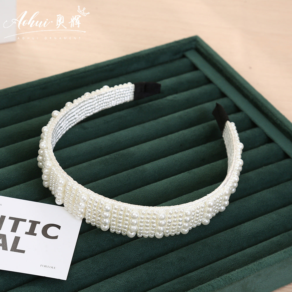 Wholesale Hand-woven imitation pearl headband wrapped headband bridal hair accessories crown bow versatile hairpin female