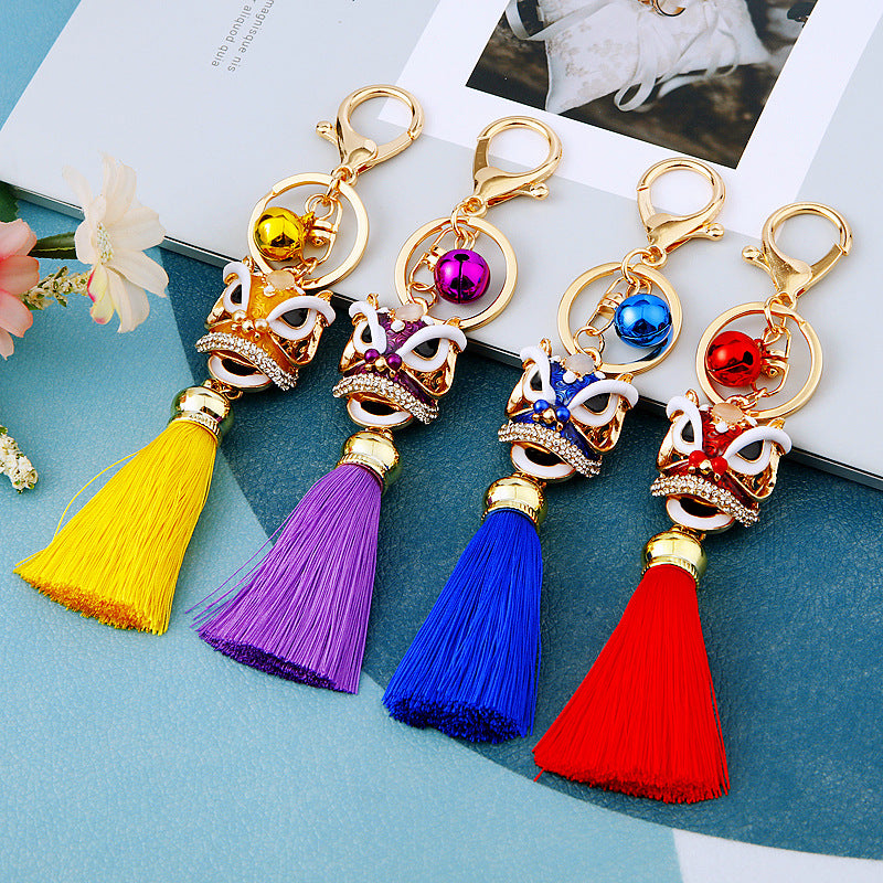 Wholesale Metal Chinese Style Lucky Lion Head Tassel Car Keychain Sapphire Blue Rhinestone Gift For Men Women