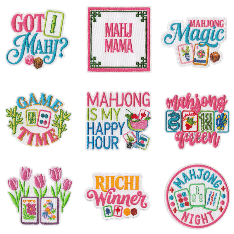 Wholesale Mahjong Embroidered Iron On Patches 9 Piece English Slogan Set For Outerwear DIY Boutique Gift