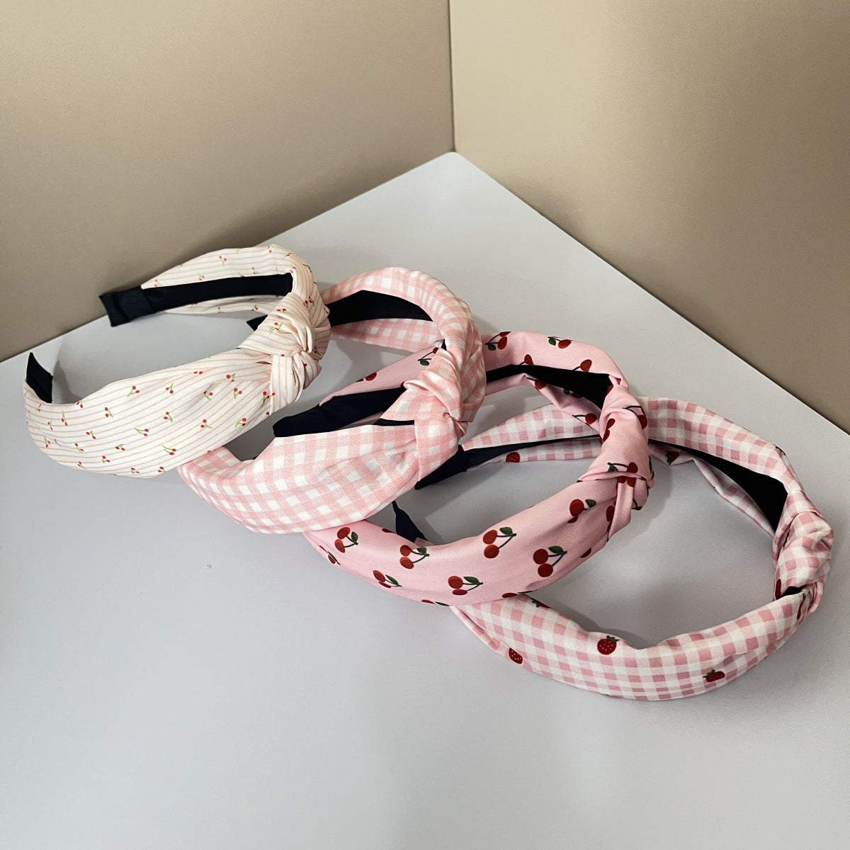 Wholesale Fabric Pure Flower Fruit Lemon Orange Cherry Wide Edge Knotted Headband Combination 4Pcs