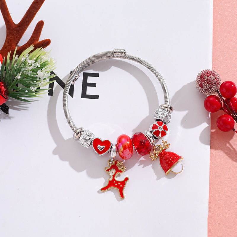 Wholesale Stainless Steel Christmas Tree Elk Snowflake Alloy Charm Beaded Bracelet