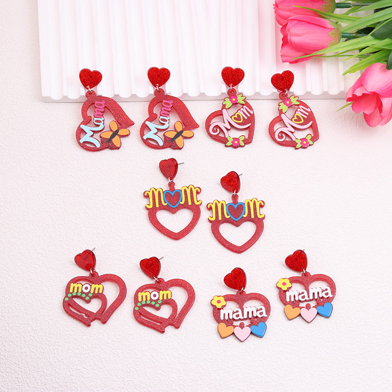 Wholesale Mother's Day Acrylic Hollow Red Heart Earrings