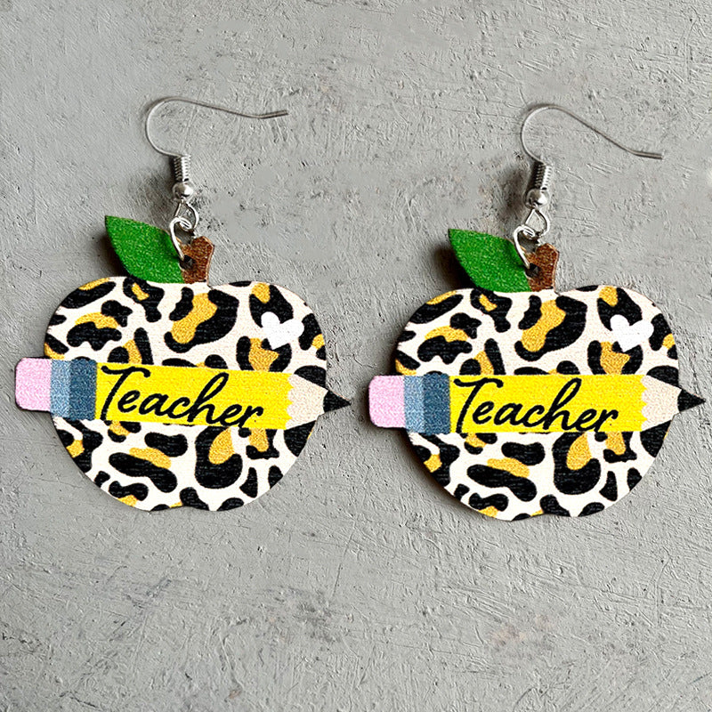 Wholesale 2 Pairs/Pack Wooden Print Leopard Apple Earrings