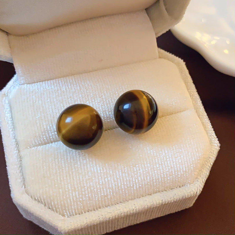 Wholesale Real Gold Electroplating Autumn and Winter Retro Fashion Temperament High-end Round Tiger Eye Stone Earrings