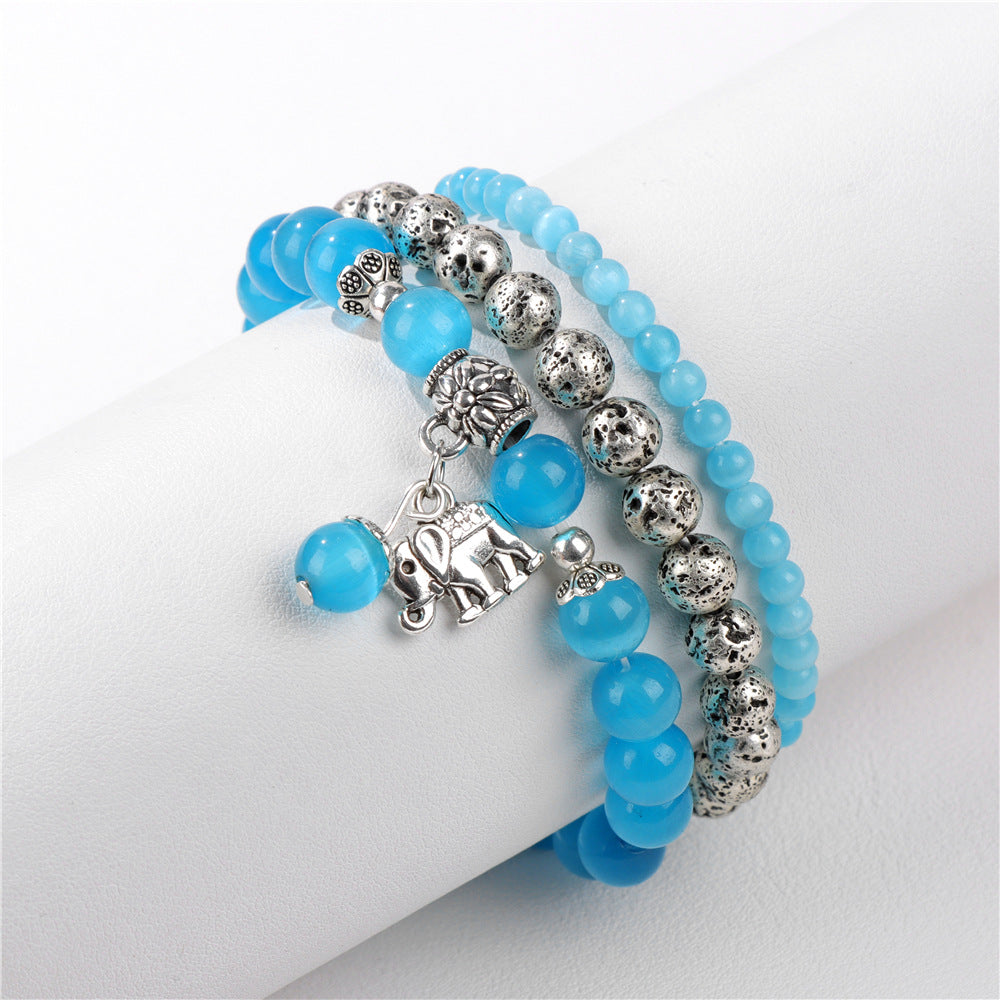 Cuentas de piedra natural al por mayor cuentas de piedra volcánica colgante de elefante de tres capas pulsera