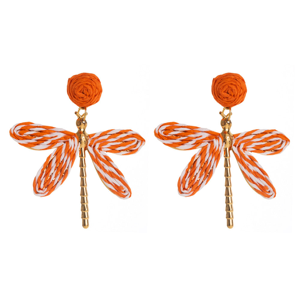 Wholesale Bohemian Holiday Style Hand-woven Raffia Dragonfly Earrings