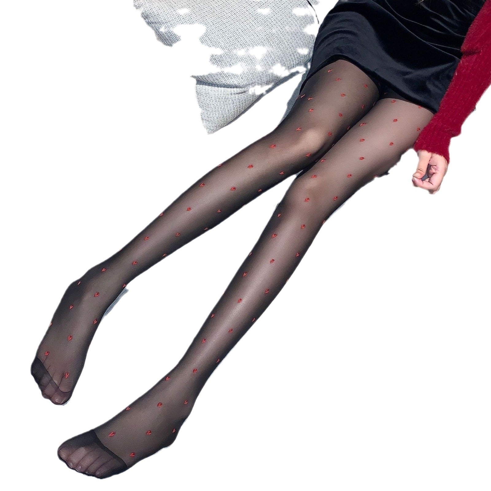 Wholesale Jacquard red love heart red polka dot Valentine's Day sexy black stockings