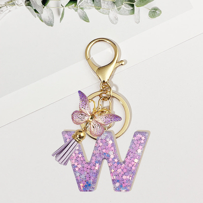 Wholesale Pink sequined butterfly 26 letter Sequin Keychain