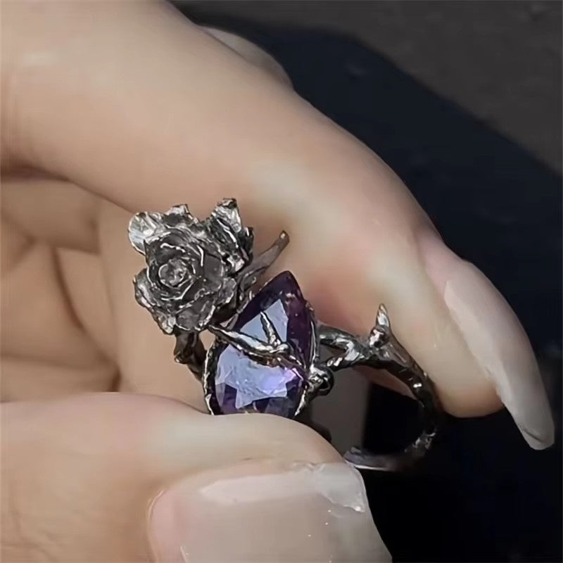 Wholesale Retro black rose index finger ring personalized three-dimensional flower diamond ring open dark subculture ring