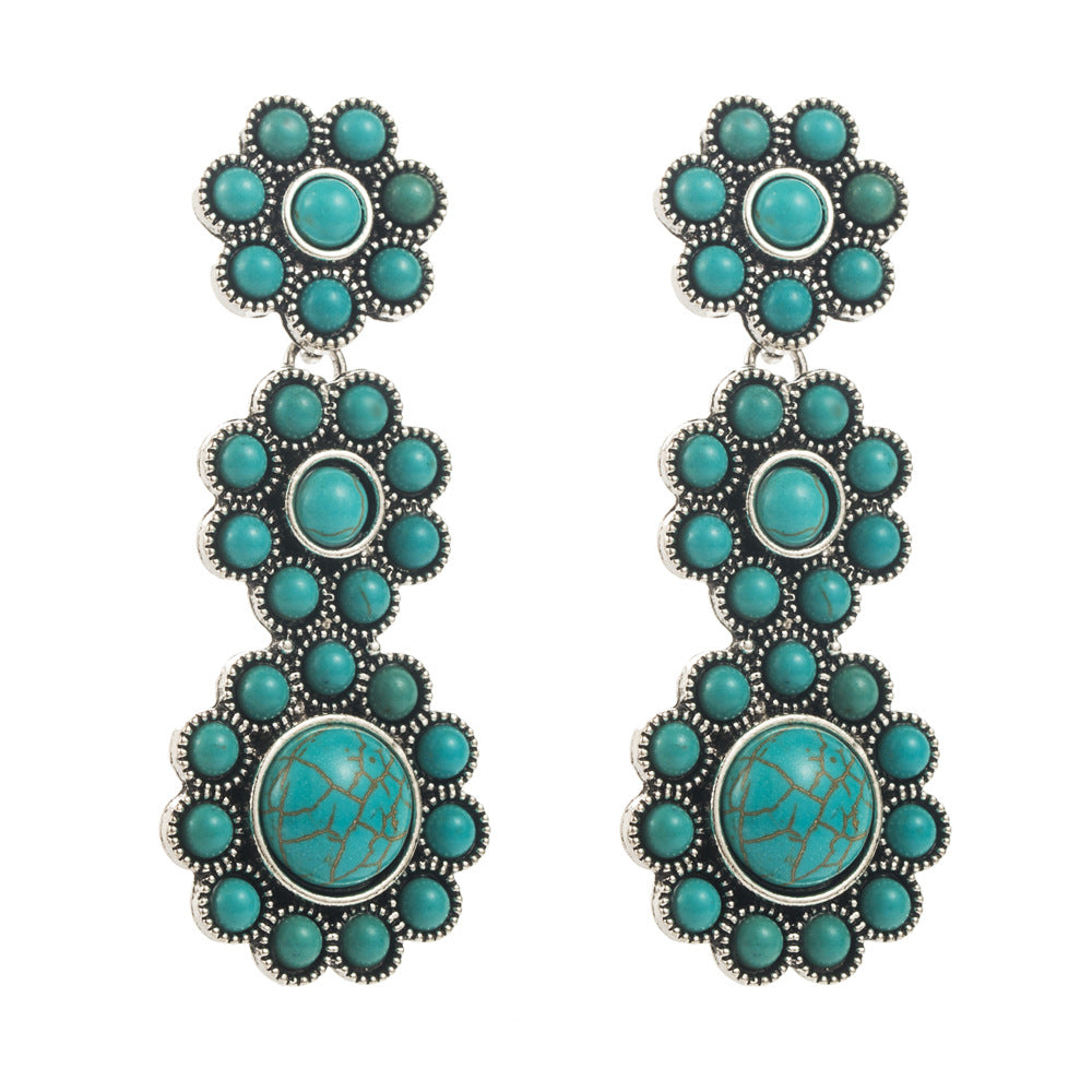 Wholesale Exaggerated turquoise retro geometric multi-layer long earrings