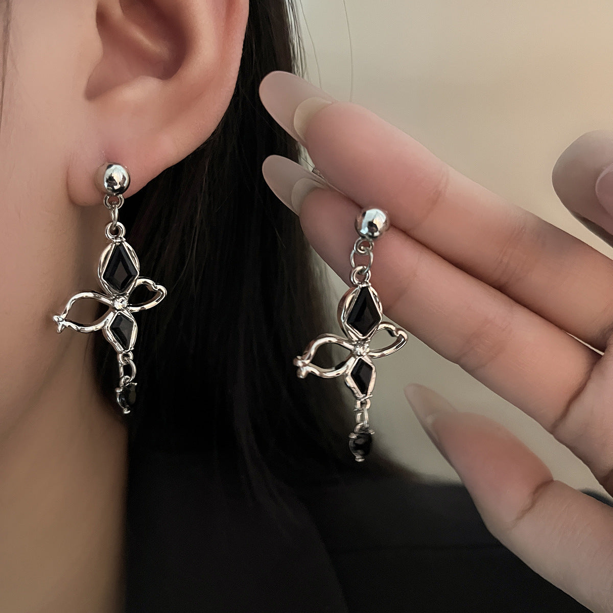 Wholesale Dark cyberpunk human face pearl cross diamond butterfly earrings