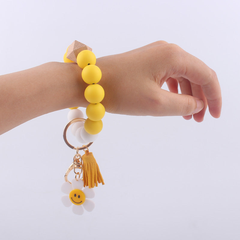Wholesale Cartoon Sunflower Silicone Beaded Wrist Keychain