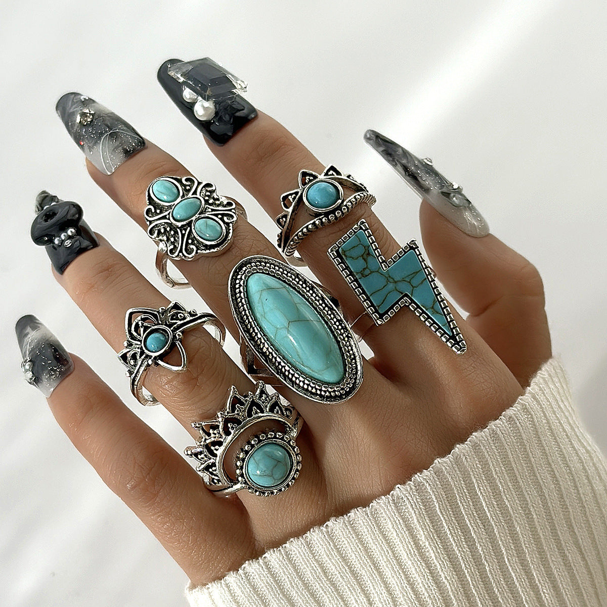 Wholesale new vintage ethnic style inlaid turquoise carved feather ring suit