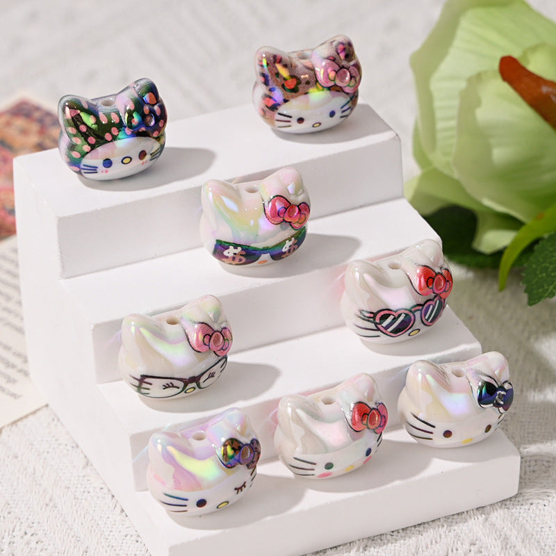 Wholesale 10pcs/pack Color-plated cute 3D cat head straight hole beads