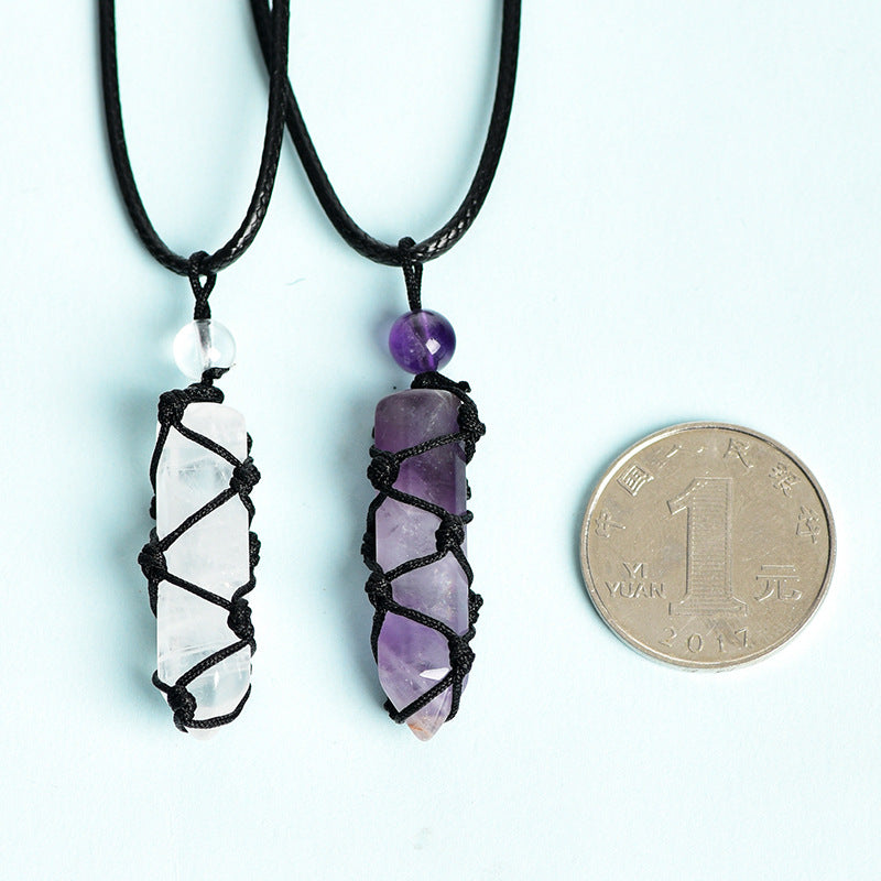 Wholesale Natural Crystal Original Stone Net Pocket Crystal Hexagonal Prism Pendant Necklace