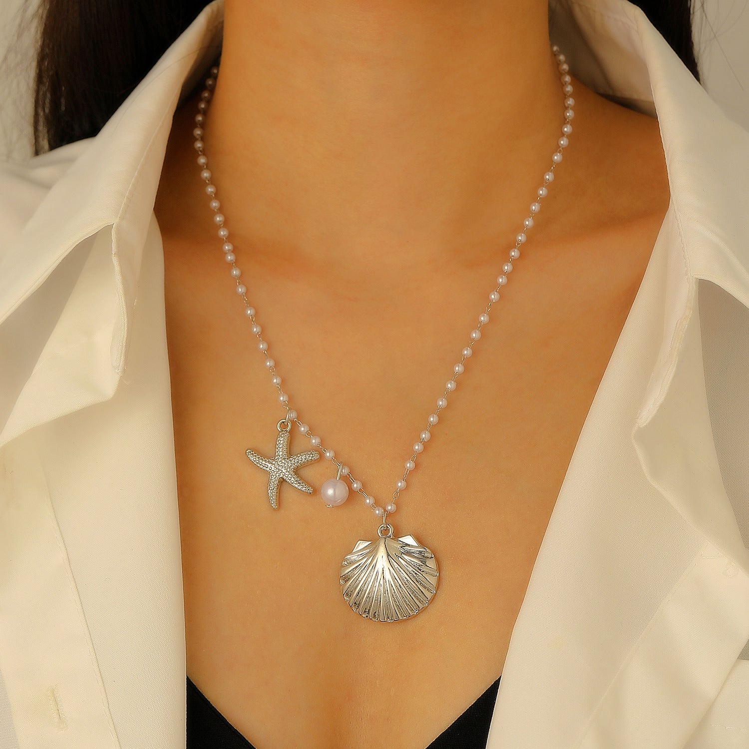 Wholesale Electroplated Alloy Bohemian Beach Shell Necklace And Bracelet Set For Women Faux Pearl Starfish Conch Fashion Accessory