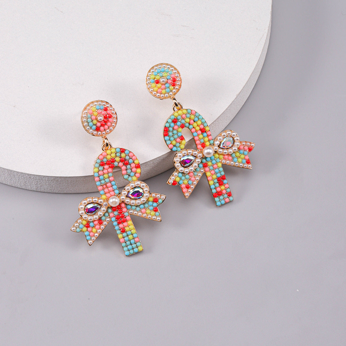 Wholesale Christmas Walking Stick Alloy Diamond and Rice Bead Earrings