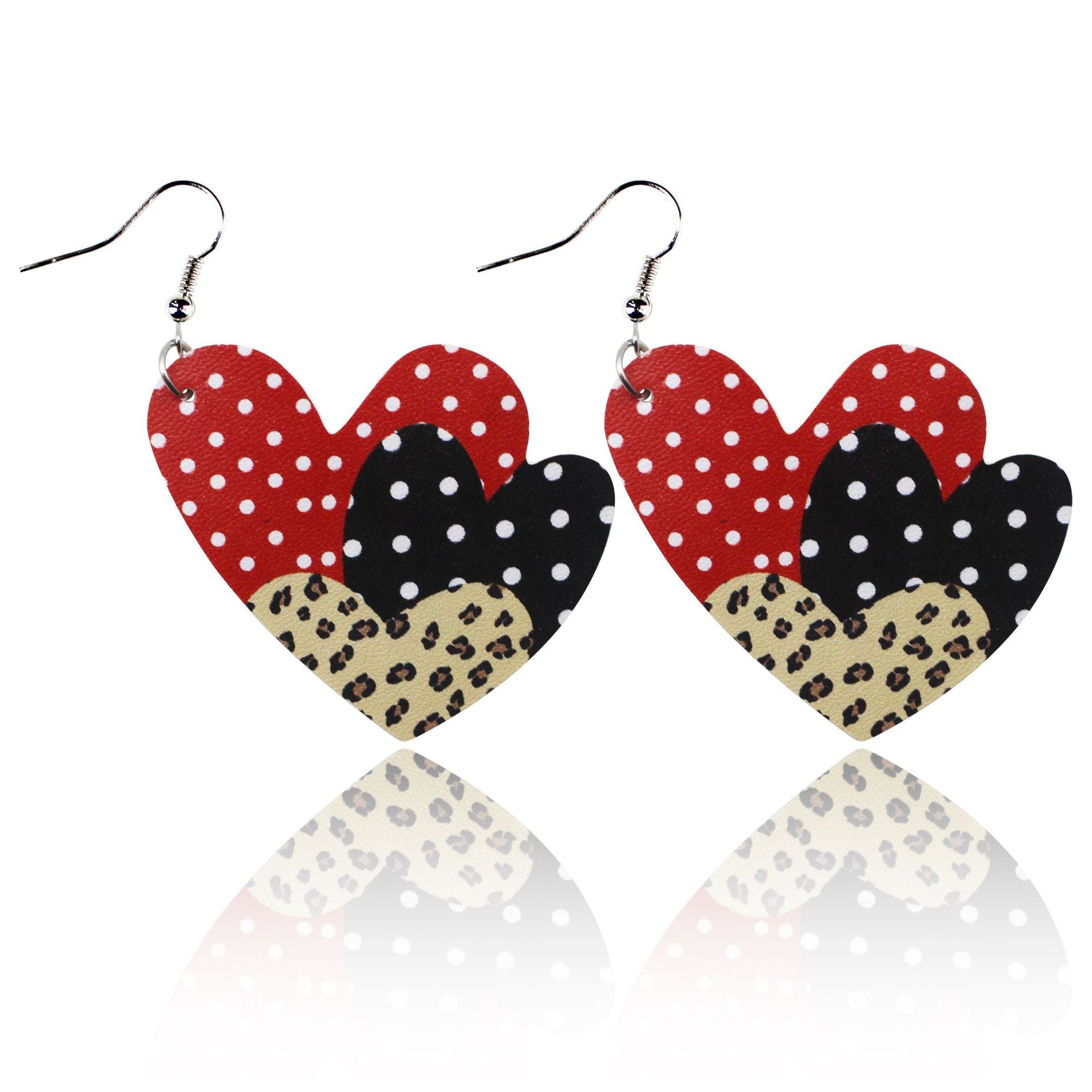 Wholesale Valentine's Day Red and Black Plaid Stripe Tie Dyed Leopard Heart Double Sided Leather Earrings