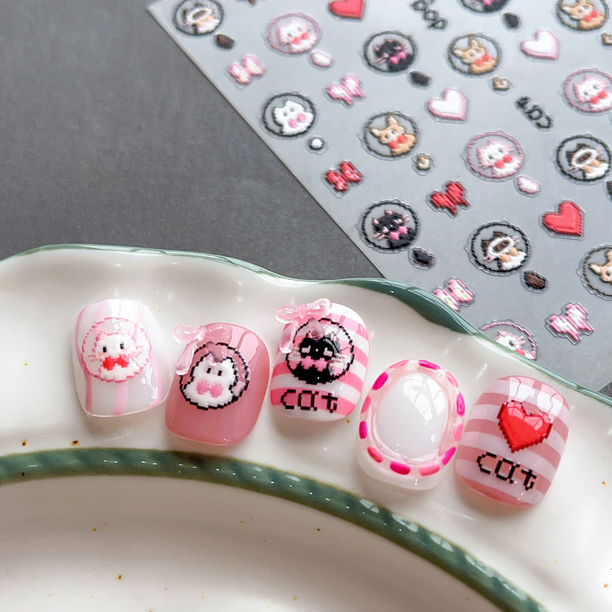 Wholesale Love cat and dog cartoon rainbow stars cute bow nail stickers