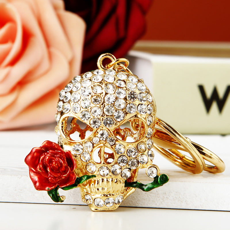 Wholesale Diamond Inlaid Rose Skull Metal Keychains
