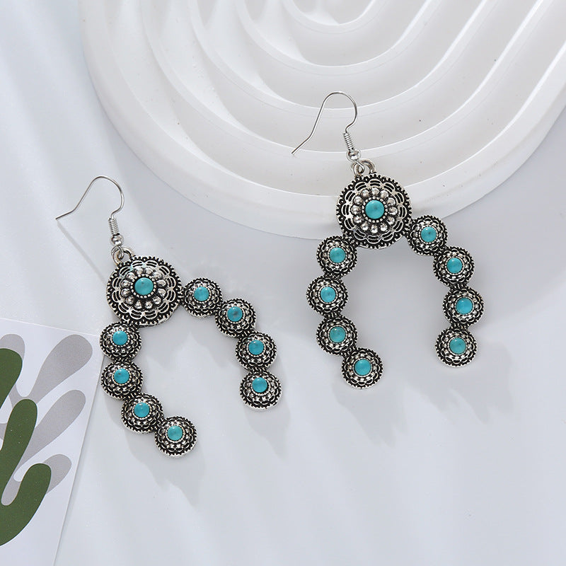 Wholesale Retro alloy inlaid turquoise creative exaggerated temperament earrings