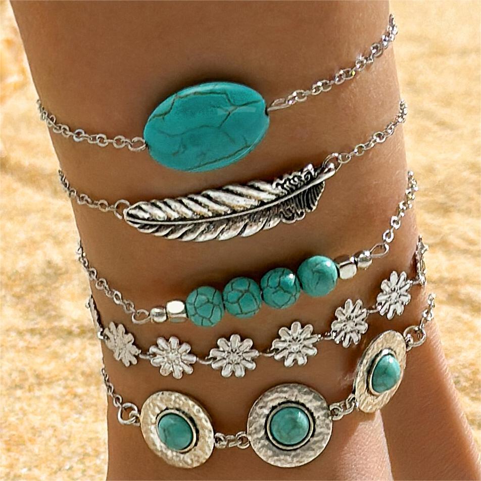 Wholesale Bohemian Set Turquoise Leaf Bracelet Ethnic Bow Flower Turquoise Bracelet suit